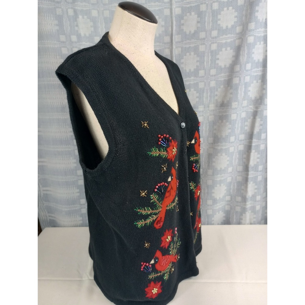 KIM ROGERS CARDINAL CHRISTMAS VEST WOMENS LARGE EMBROIDERED AND BEADED SLEEVELES - Picture 10 of 11
